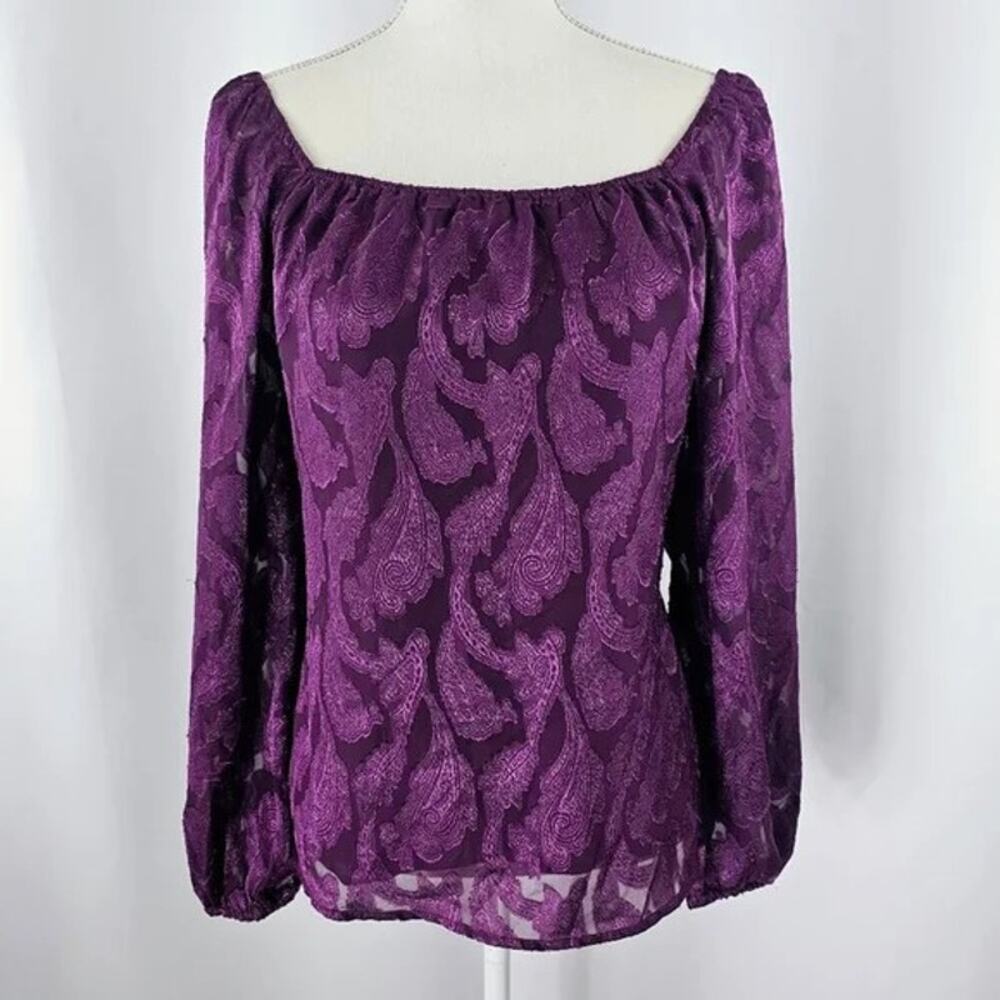 3038 NWT Mason & Belle Silky Paisley Long Puff Sleeves Lined Blouse Maroon Large